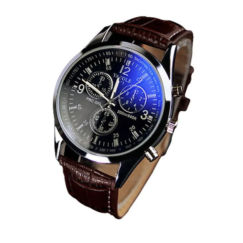 Delicate Fashion Brown Faux Leather Men Blue Glass Quartz Analog Watches Casual Cool Watch Men Watches