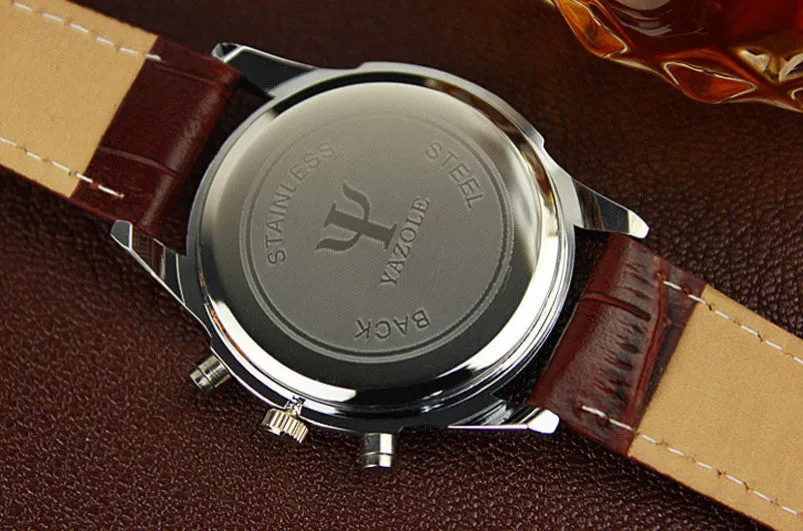 Delicate Fashion Brown Faux Leather Men Blue Glass Quartz Analog Watches Casual Cool Watch Men Watches