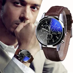 Delicate Fashion Brown Faux Leather Men Blue Glass Quartz Analog Watches Casual Cool Watch Men Watches