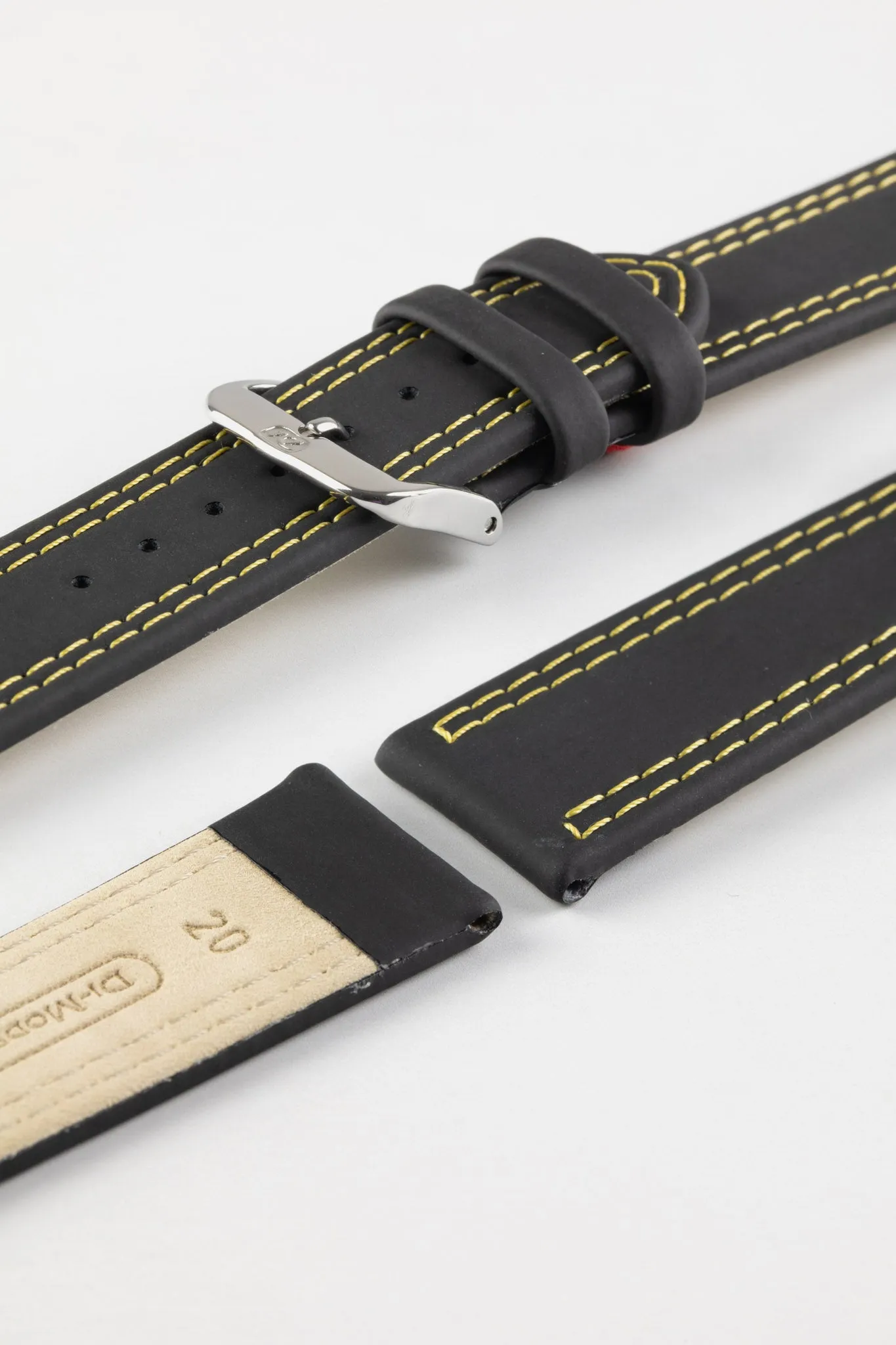 Di-Modell COLORADO Rubber-Coated Leather Watch Strap in BLACK with YELLOW Stitch
