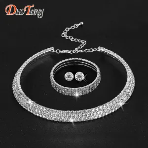 DuoTang Hot Selling Rhinestone Crystal Choker Necklace Earrings and Bracelet Wedding Jewelry Sets Wedding Accessories T0035B1