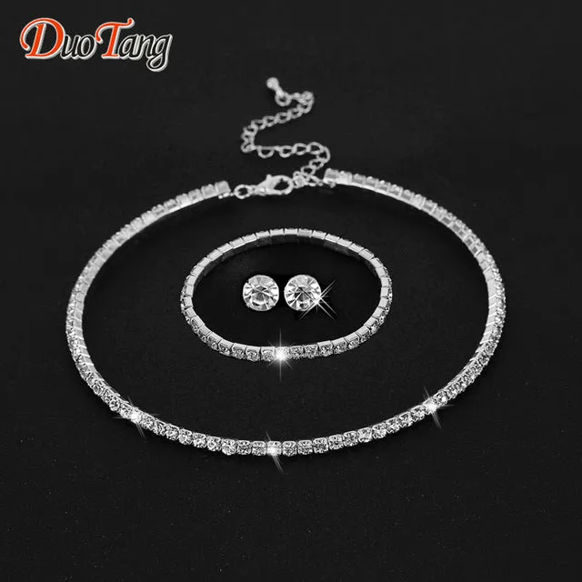DuoTang Hot Selling Rhinestone Crystal Choker Necklace Earrings and Bracelet Wedding Jewelry Sets Wedding Accessories T0035B1