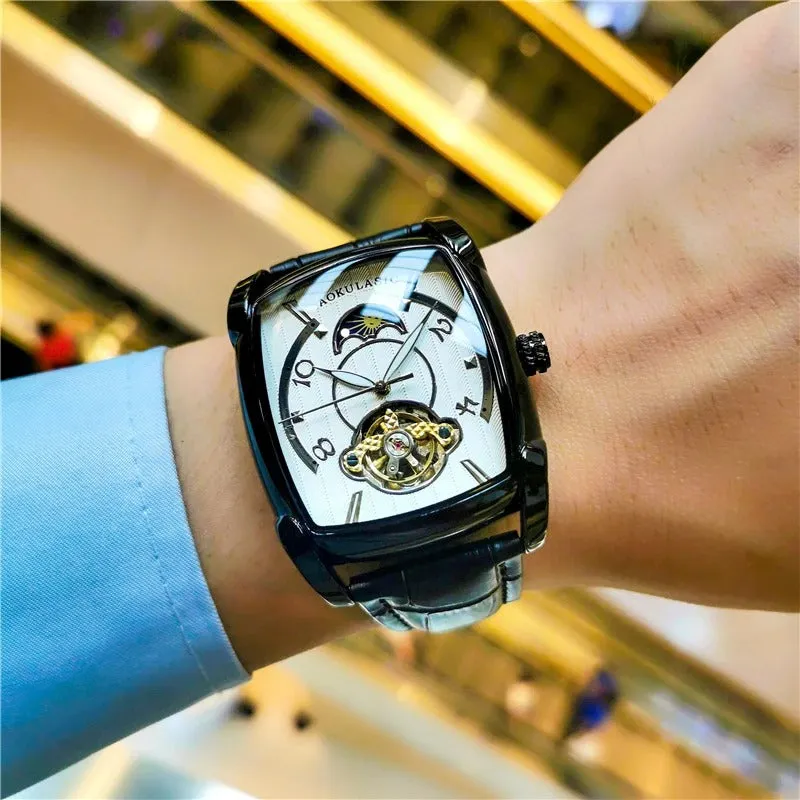 Elegance® Tonneau 005 Moon Phase Automatic Watch for Men Luxury Brand Tourbillon Skeleton Mechanical Watches Leather Belt Luminous Hands Clock