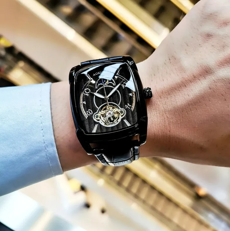 Elegance® Tonneau 005 Moon Phase Automatic Watch for Men Luxury Brand Tourbillon Skeleton Mechanical Watches Leather Belt Luminous Hands Clock