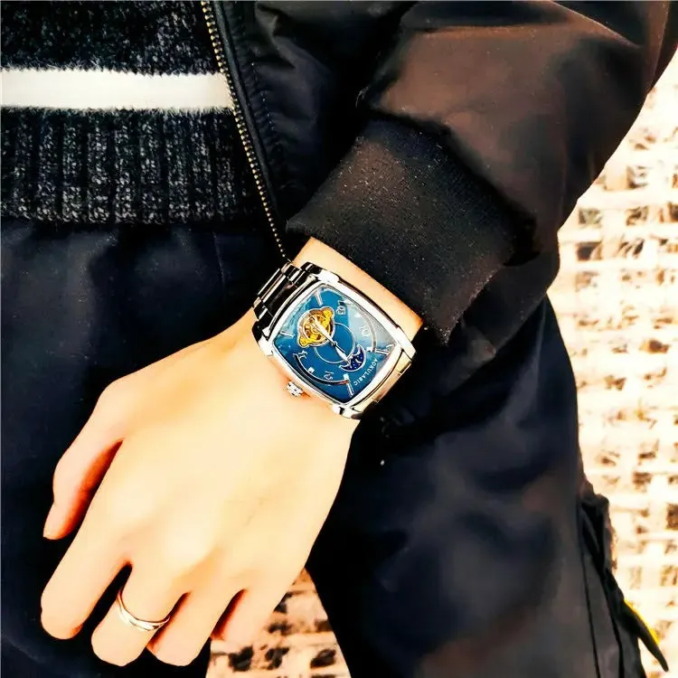 Elegance® Tonneau 005 Moon Phase Automatic Watch for Men Luxury Brand Tourbillon Skeleton Mechanical Watches Leather Belt Luminous Hands Clock