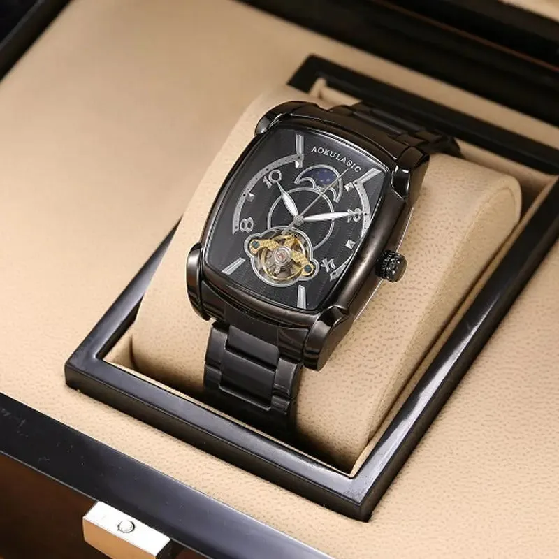 Elegance® Tonneau 005 Moon Phase Automatic Watch for Men Luxury Brand Tourbillon Skeleton Mechanical Watches Leather Belt Luminous Hands Clock