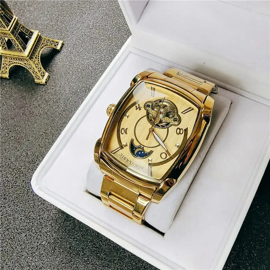 Elegance® Tonneau 005 Moon Phase Automatic Watch for Men Luxury Brand Tourbillon Skeleton Mechanical Watches Leather Belt Luminous Hands Clock