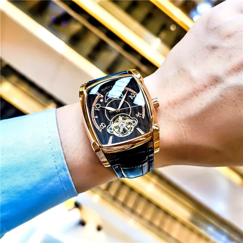 Elegance® Tonneau 005 Moon Phase Automatic Watch for Men Luxury Brand Tourbillon Skeleton Mechanical Watches Leather Belt Luminous Hands Clock
