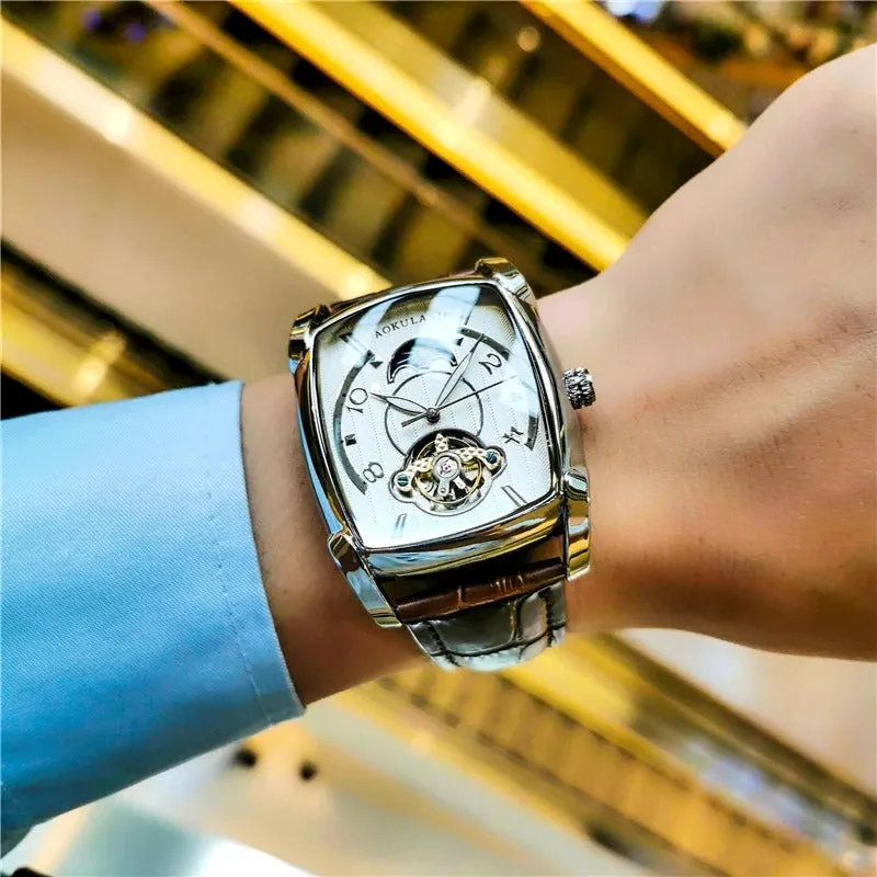 Elegance® Tonneau 005 Moon Phase Automatic Watch for Men Luxury Brand Tourbillon Skeleton Mechanical Watches Leather Belt Luminous Hands Clock