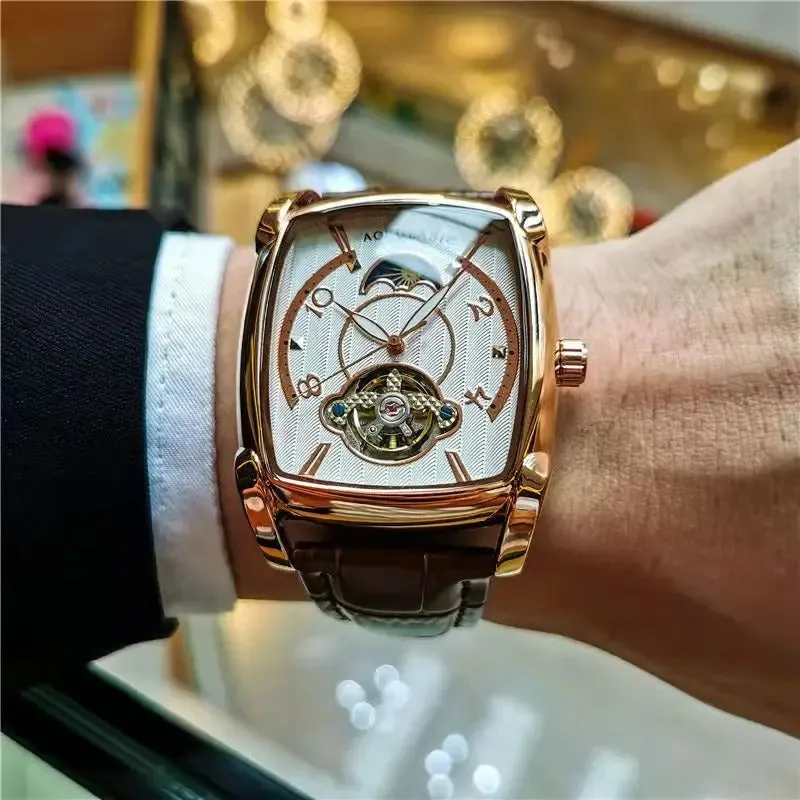 Elegance® Tonneau 005 Moon Phase Automatic Watch for Men Luxury Brand Tourbillon Skeleton Mechanical Watches Leather Belt Luminous Hands Clock