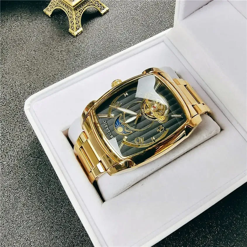 Elegance® Tonneau 005 Moon Phase Automatic Watch for Men Luxury Brand Tourbillon Skeleton Mechanical Watches Leather Belt Luminous Hands Clock