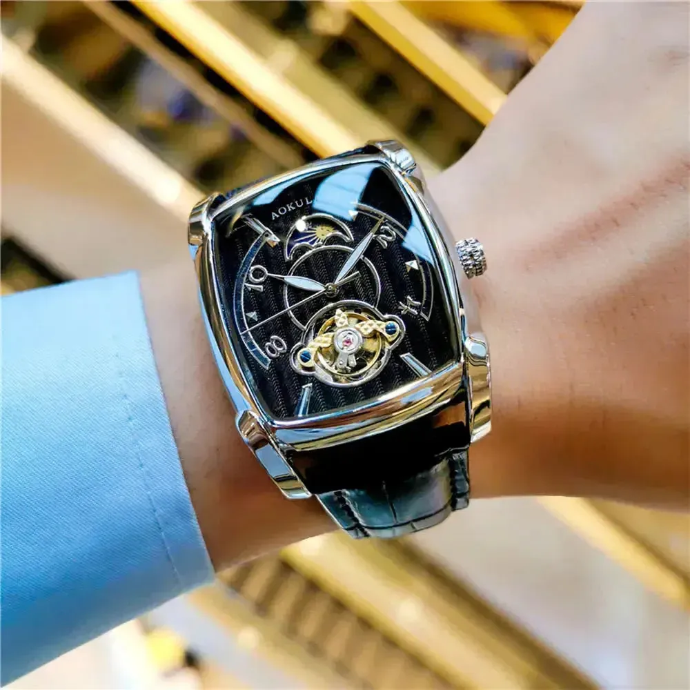 Elegance® Tonneau 005 Moon Phase Automatic Watch for Men Luxury Brand Tourbillon Skeleton Mechanical Watches Leather Belt Luminous Hands Clock