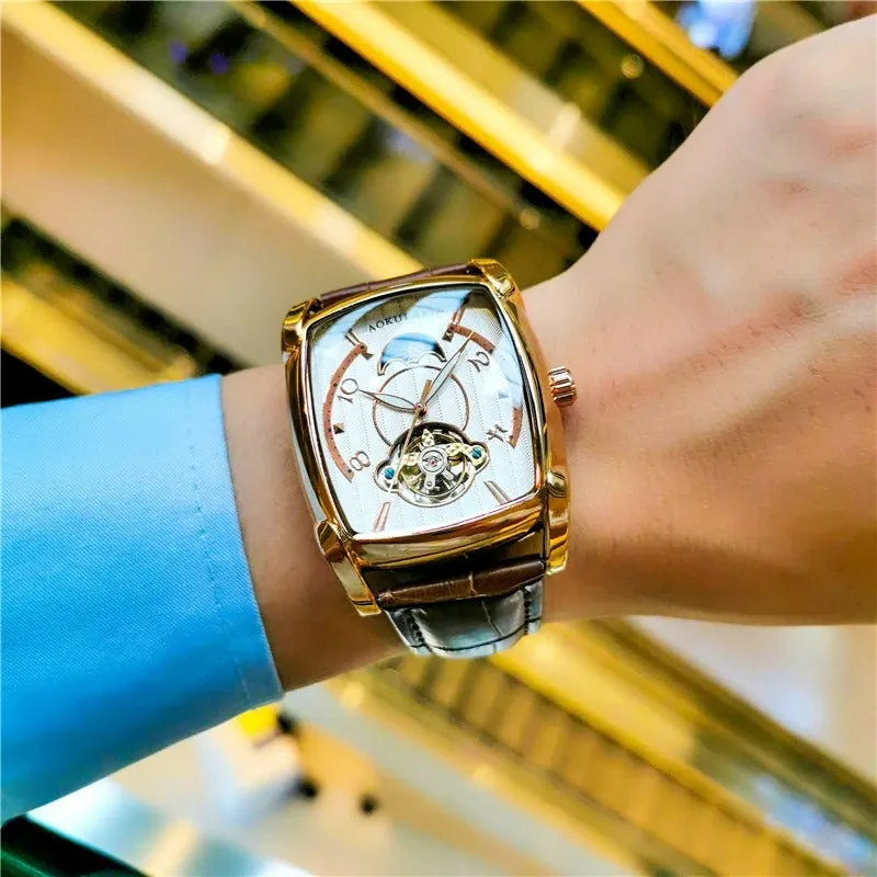 Elegance® Tonneau 005 Moon Phase Automatic Watch for Men Luxury Brand Tourbillon Skeleton Mechanical Watches Leather Belt Luminous Hands Clock