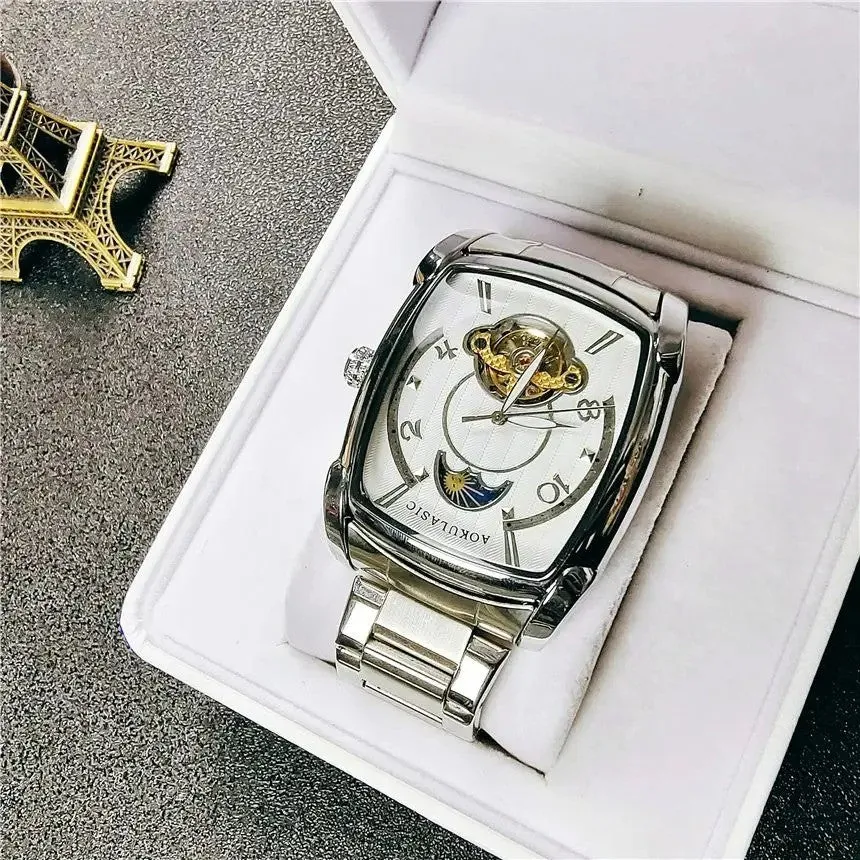 Elegance® Tonneau 005 Moon Phase Automatic Watch for Men Luxury Brand Tourbillon Skeleton Mechanical Watches Leather Belt Luminous Hands Clock