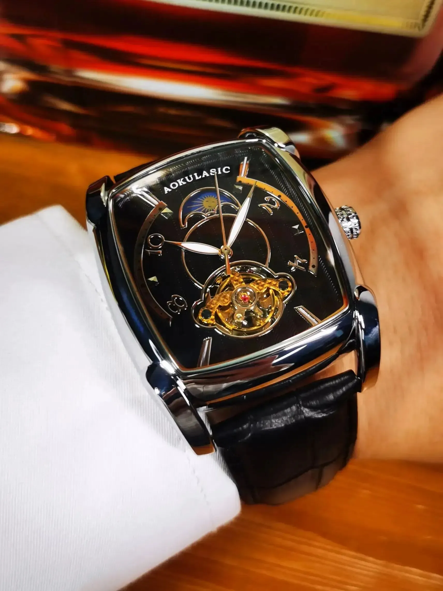 Elegance® Tonneau 005 Moon Phase Automatic Watch for Men Luxury Brand Tourbillon Skeleton Mechanical Watches Leather Belt Luminous Hands Clock