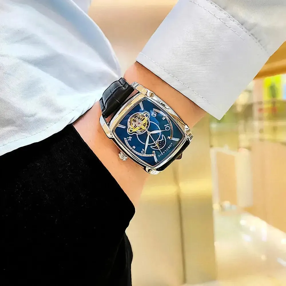 Elegance® Tonneau 005 Moon Phase Automatic Watch for Men Luxury Brand Tourbillon Skeleton Mechanical Watches Leather Belt Luminous Hands Clock