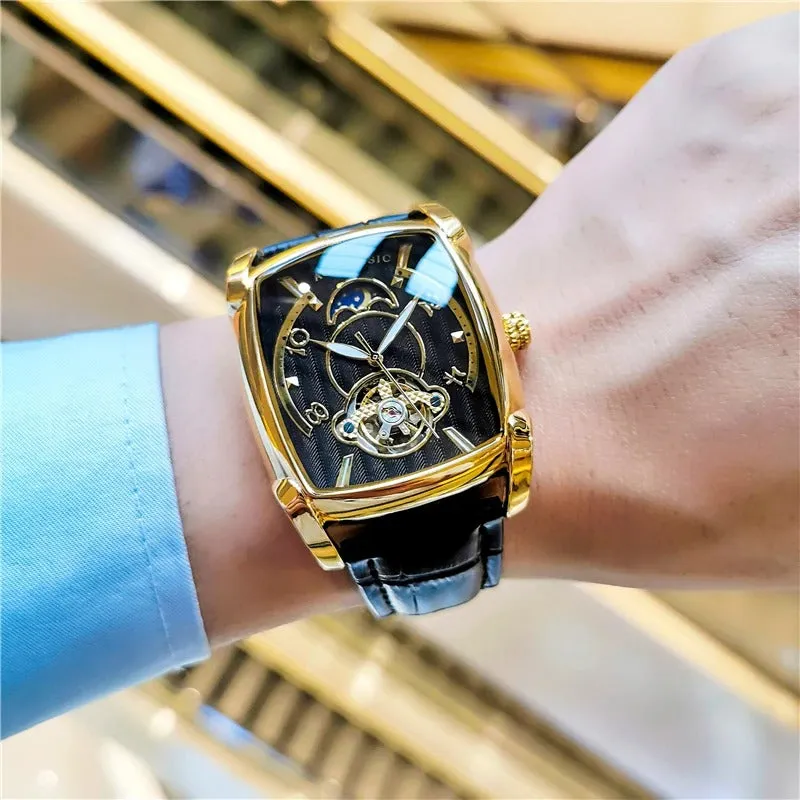 Elegance® Tonneau 005 Moon Phase Automatic Watch for Men Luxury Brand Tourbillon Skeleton Mechanical Watches Leather Belt Luminous Hands Clock