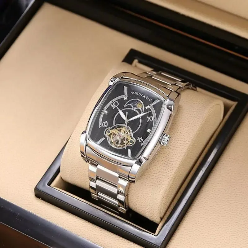 Elegance® Tonneau 005 Moon Phase Automatic Watch for Men Luxury Brand Tourbillon Skeleton Mechanical Watches Leather Belt Luminous Hands Clock