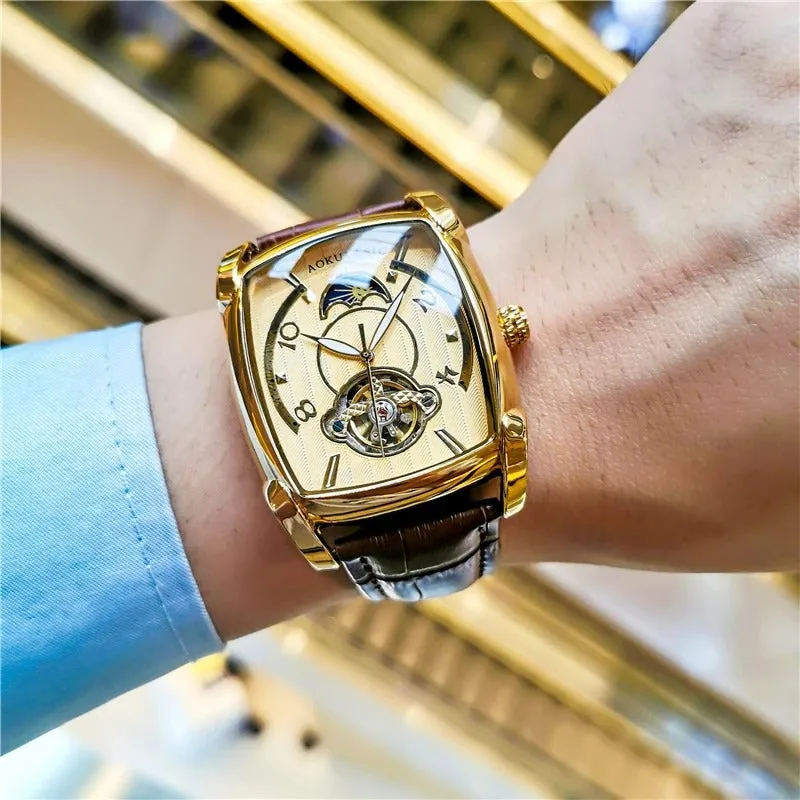 Elegance® Tonneau 005 Moon Phase Automatic Watch for Men Luxury Brand Tourbillon Skeleton Mechanical Watches Leather Belt Luminous Hands Clock