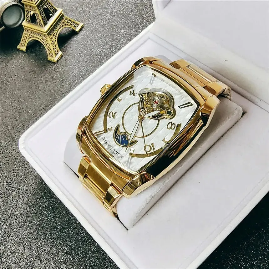 Elegance® Tonneau 005 Moon Phase Automatic Watch for Men Luxury Brand Tourbillon Skeleton Mechanical Watches Leather Belt Luminous Hands Clock