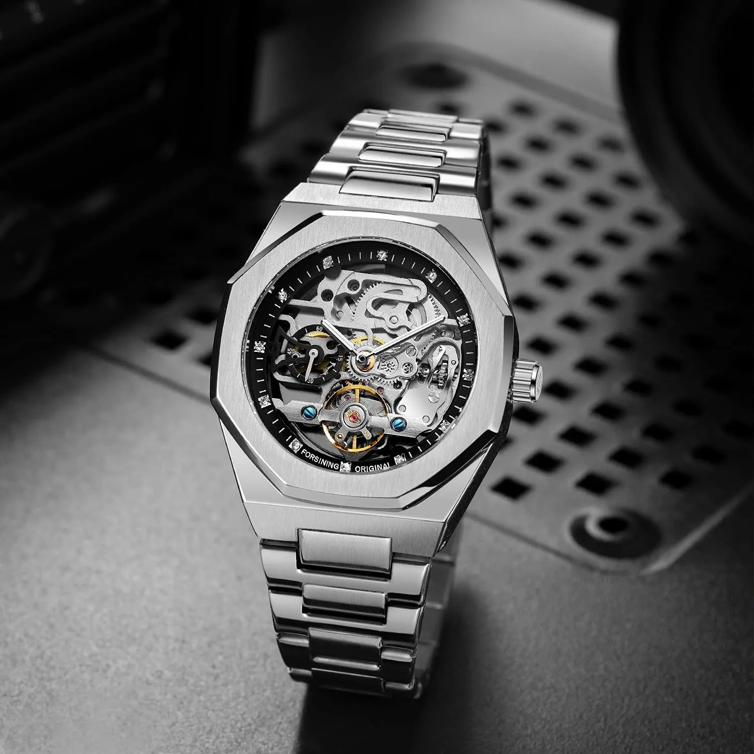 FANMIS Classic Mens Skeleton Automatic Mechanical Watches Luxury Carving Flower Craft Watch with Stainless Steel Waterproof Bracelet Wrist Watch