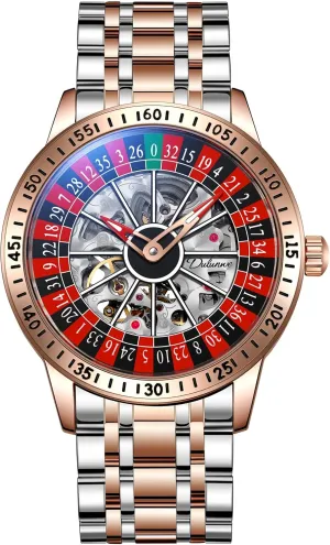 FANMIS Men's Luxury Roulette Wheel Automatic Mechanical Watch Hollow Skeleton Dial Design Watches Stainless Steel Waterproof Business Luxury Automatic Self-Wind Wristwatch