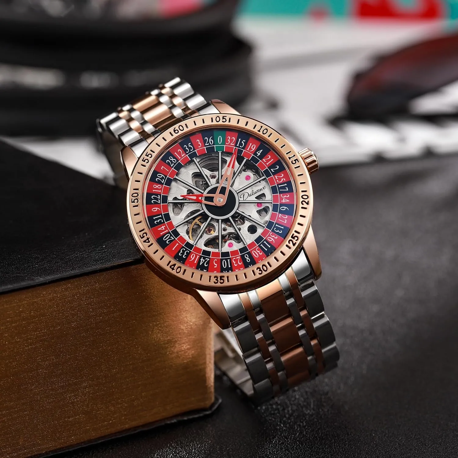 FANMIS Men's Luxury Roulette Wheel Automatic Mechanical Watch Hollow Skeleton Dial Design Watches Stainless Steel Waterproof Business Luxury Automatic Self-Wind Wristwatch