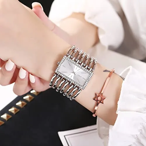Fashion Bracelet Watches for Women Luxury Rectangular Dial Analog Quartz Wrist Watch Gifts for Ladies (Diamond Silver)