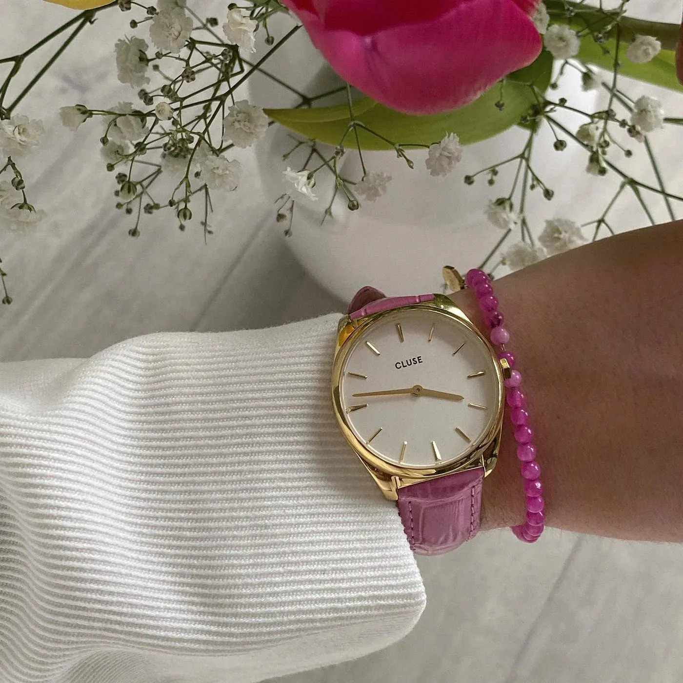 Féroce Petite Leather Croco Pink, Gold Colour