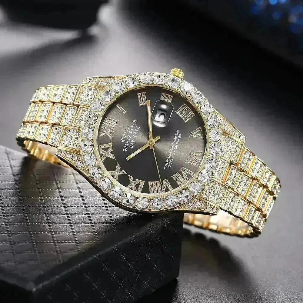 Full Diamond Surface Roman Scale Steel Watch Unisex Wrist Watch