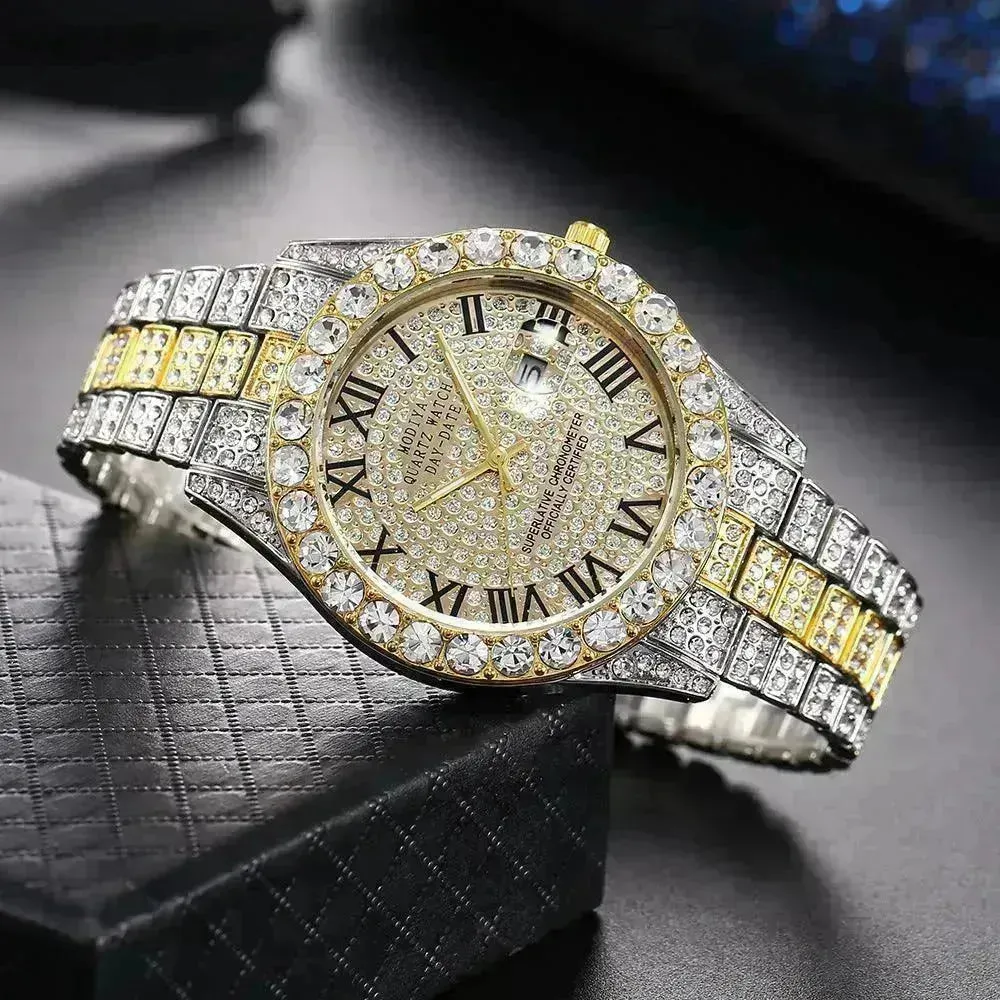 Full Diamond Surface Roman Scale Steel Watch Unisex Wrist Watch
