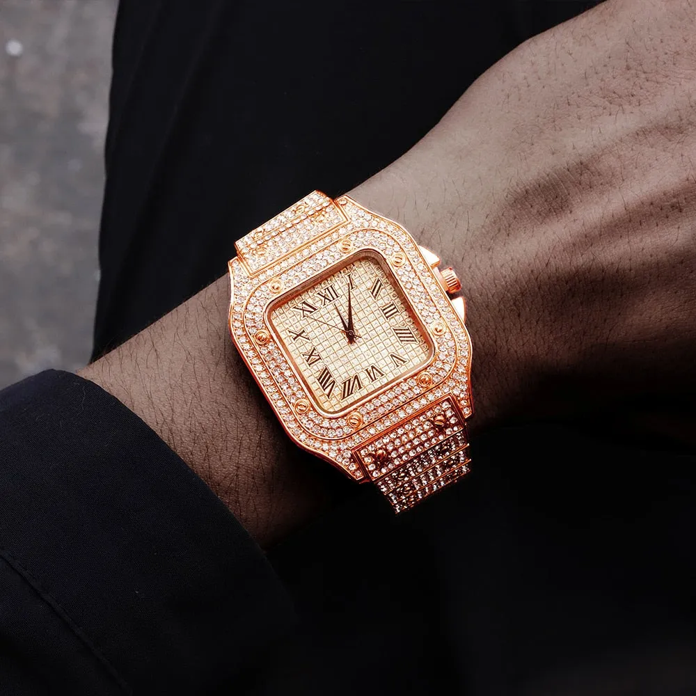 Full Iced Out Watch for Men Bling Miami Cuban Chain Bracelet Iced Out Watches