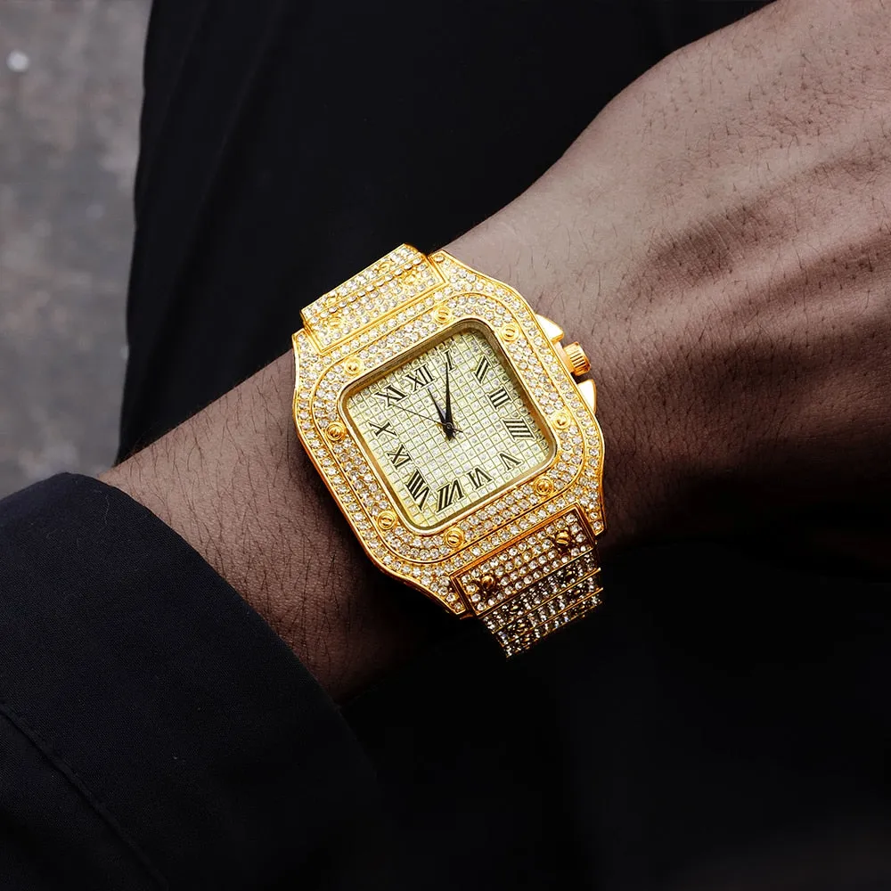Full Iced Out Watch for Men Bling Miami Cuban Chain Bracelet Iced Out Watches