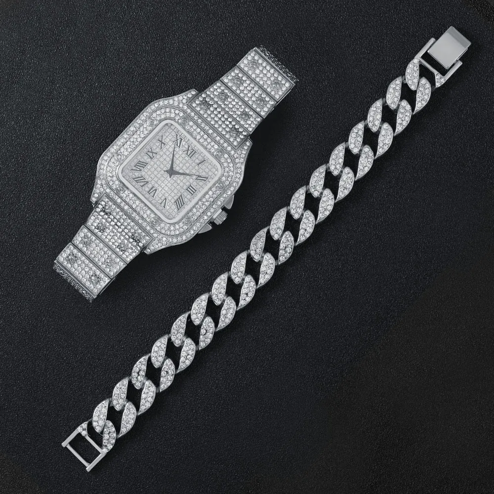 Full Iced Out Watch for Men Bling Miami Cuban Chain Bracelet Iced Out Watches
