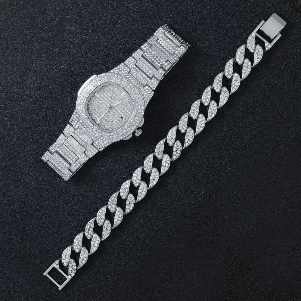 Full Iced Out Watch for Men Bling Miami Cuban Chain Bracelet Iced Out Watches