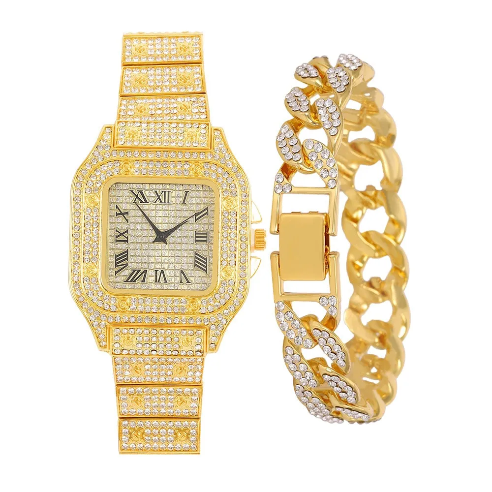 Full Iced Out Watch for Men Bling Miami Cuban Chain Bracelet Iced Out Watches