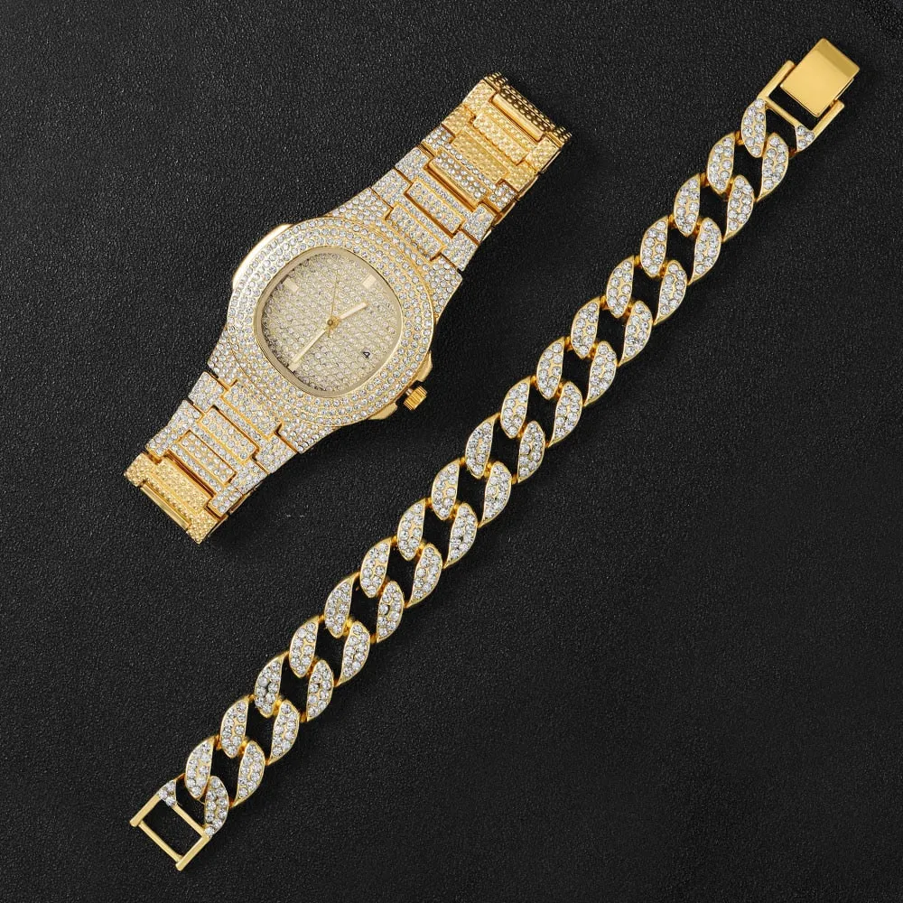 Full Iced Out Watch for Men Bling Miami Cuban Chain Bracelet Iced Out Watches