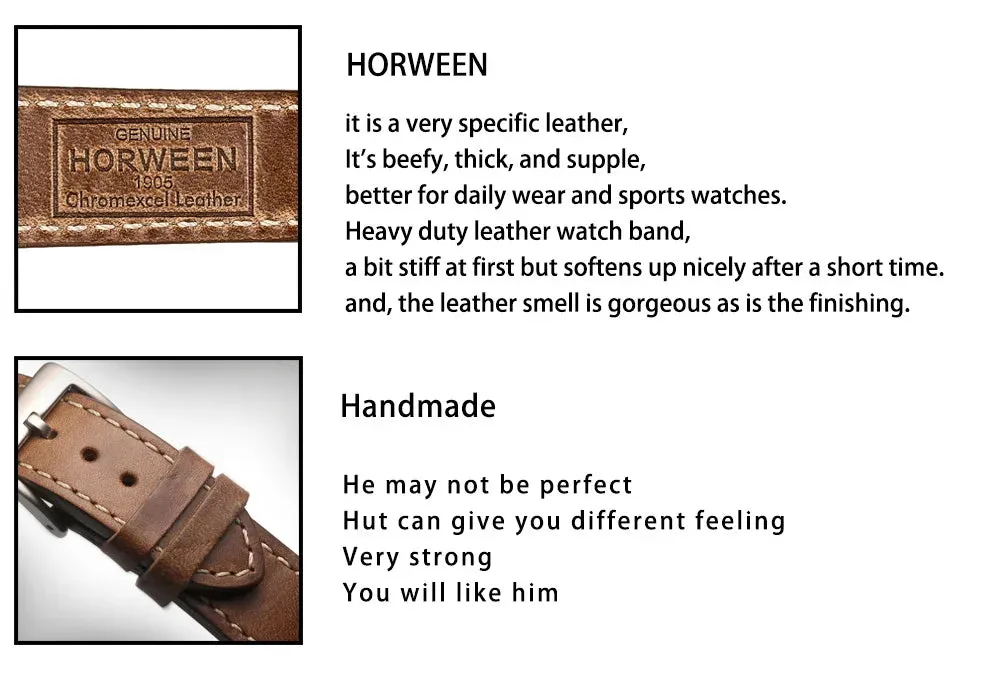High Quality Horween  Genuine Leather Straps Brown Soft Wrap Handmade Horse Leather Wrist Bands 18mm 20mm 22mm