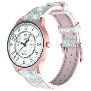 kieslect Lora Smart Watch Pink Aluminum Alloy Case With Princess Bling Strap
