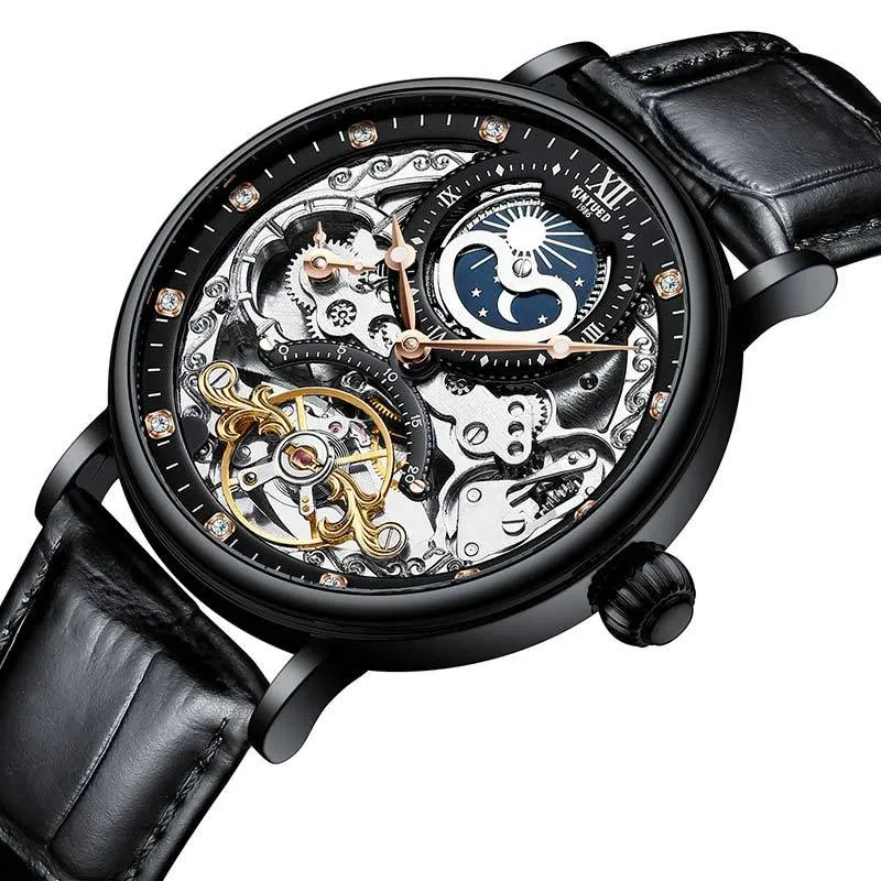 KINYUED genuine automatic leather men's watch watches hollow mechanical watches travel time accurate
