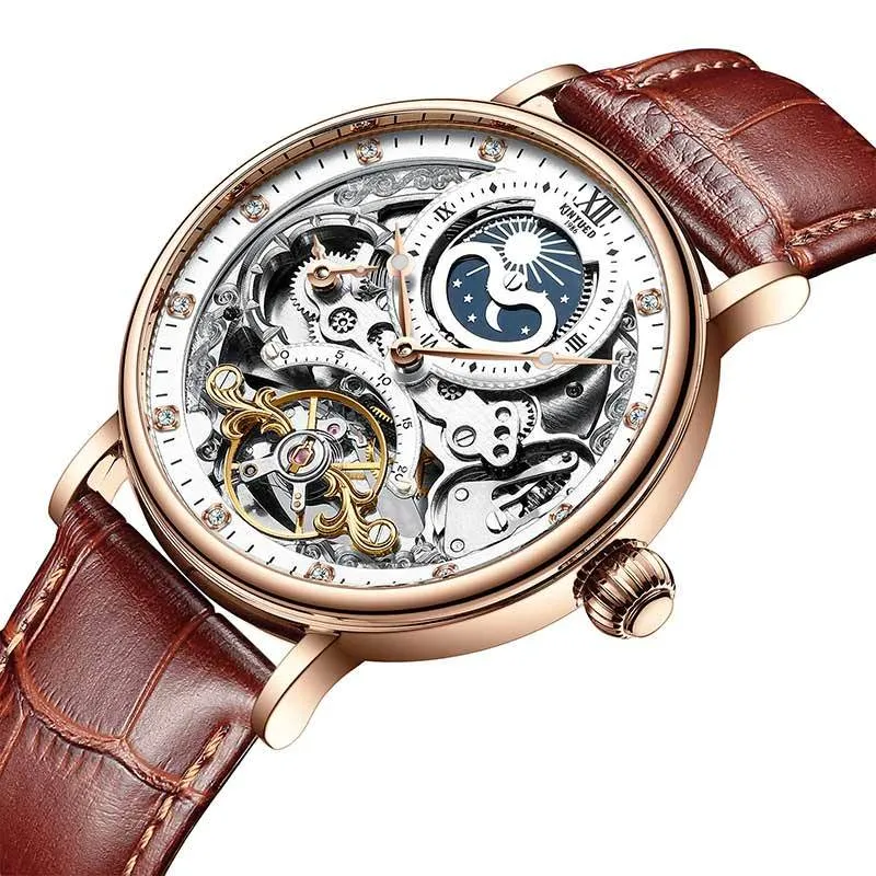 KINYUED genuine automatic leather men's watch watches hollow mechanical watches travel time accurate
