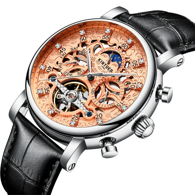 KINYUED genuine automatic leather men's watch watches hollow mechanical watches travel time accurate