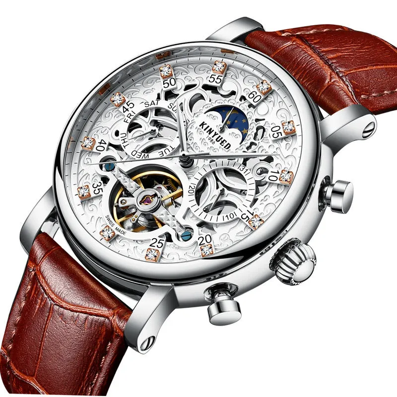 KINYUED genuine automatic leather men's watch watches hollow mechanical watches travel time accurate