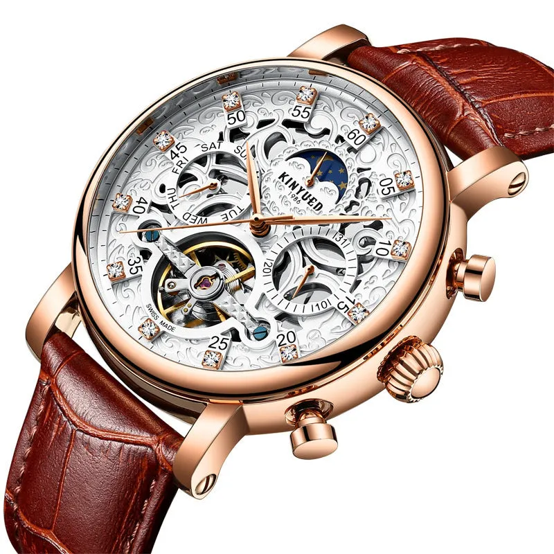KINYUED genuine automatic leather men's watch watches hollow mechanical watches travel time accurate
