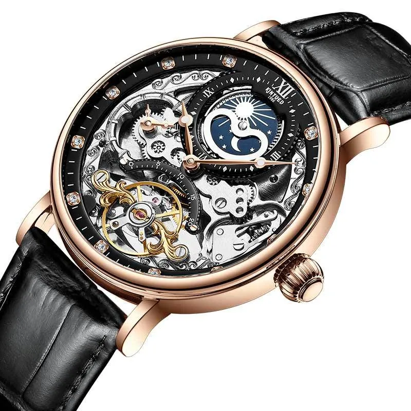 KINYUED genuine automatic leather men's watch watches hollow mechanical watches travel time accurate