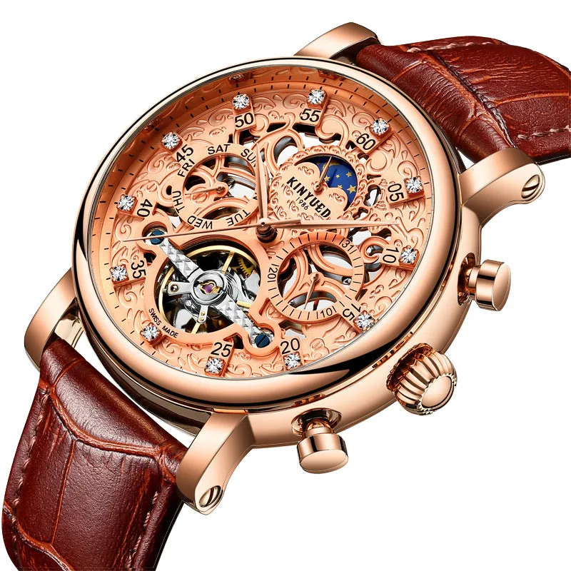 KINYUED genuine automatic leather men's watch watches hollow mechanical watches travel time accurate