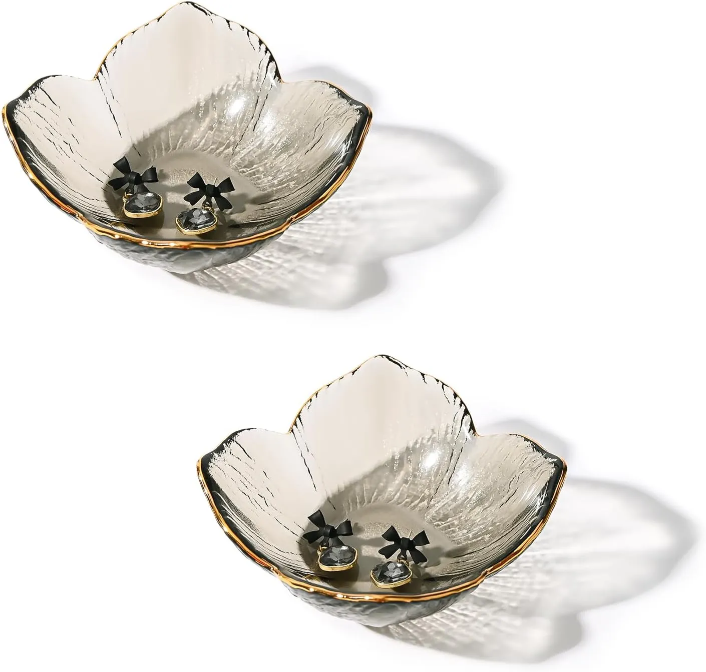 Koythin 2-Piece Glass Jewelry Tray, Adorable Ring Holder for Watch Necklace Bracelet, Small Trinket Trays for Entryway Dresser, Lilies Floral Bathroom Decor with Golden Rim for Mom Girl Women (Gray)
