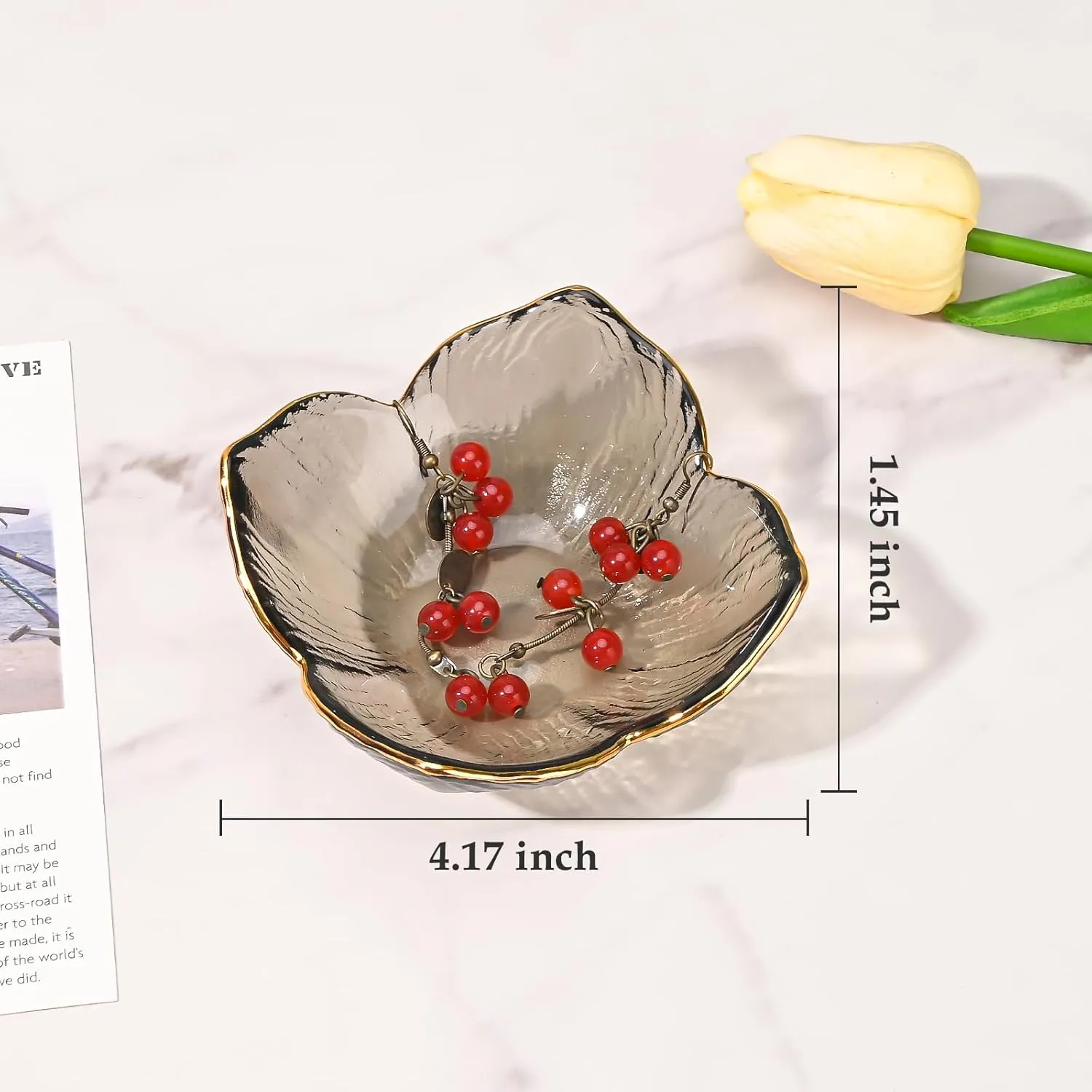 Koythin 2-Piece Glass Jewelry Tray, Adorable Ring Holder for Watch Necklace Bracelet, Small Trinket Trays for Entryway Dresser, Lilies Floral Bathroom Decor with Golden Rim for Mom Girl Women (Gray)