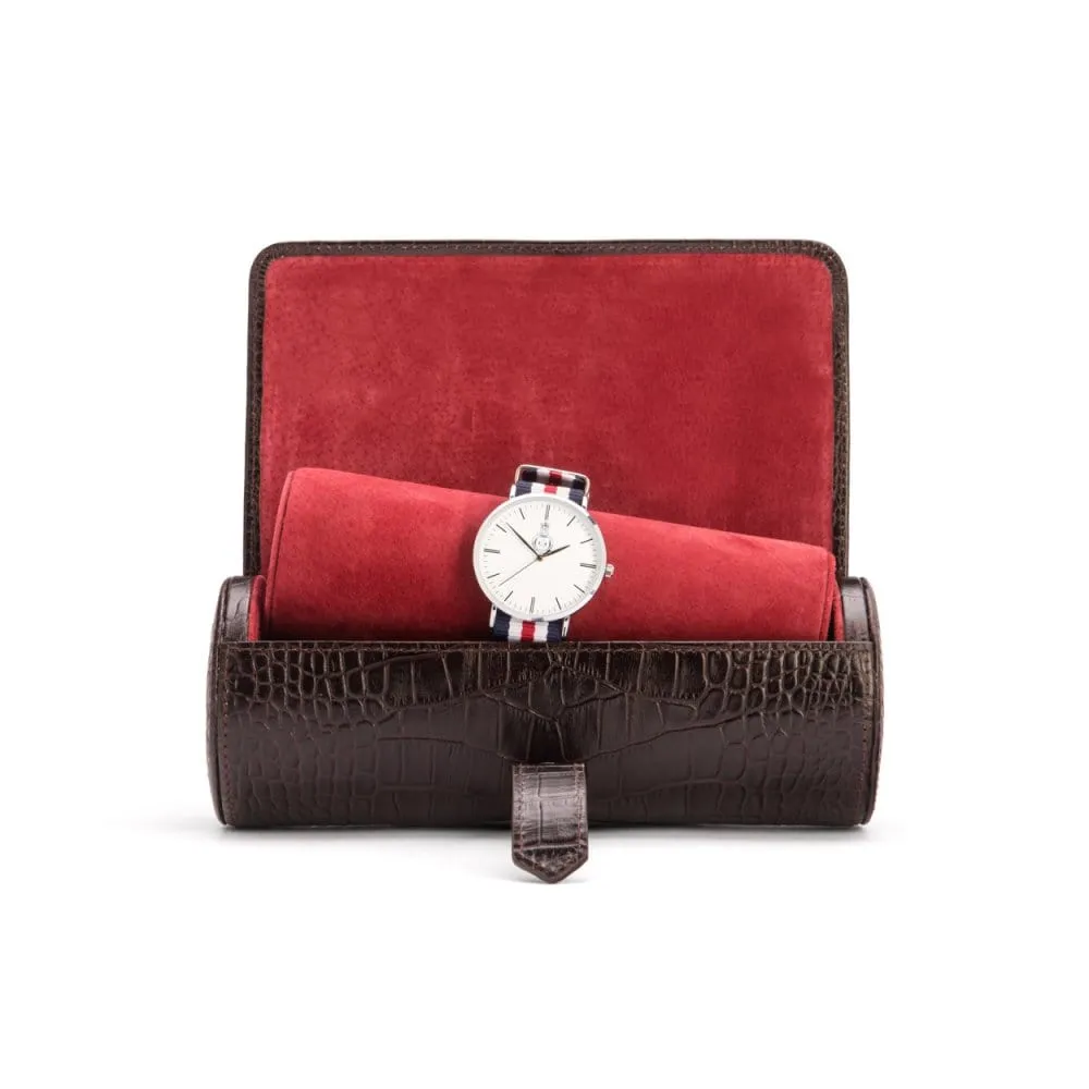 Large Leather Watch Roll - Brown Croc With Red