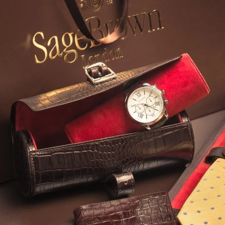 Large Leather Watch Roll - Brown Croc With Red